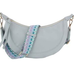 Soft Vegan Leather Crescent Crossbody Bag with Guitar Strap Light Blue